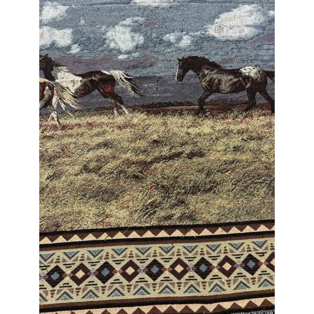 Vintage 90s C. Cummings Horses Fringe Throw Tapestry Blanket 13 FEET X 64 Inches